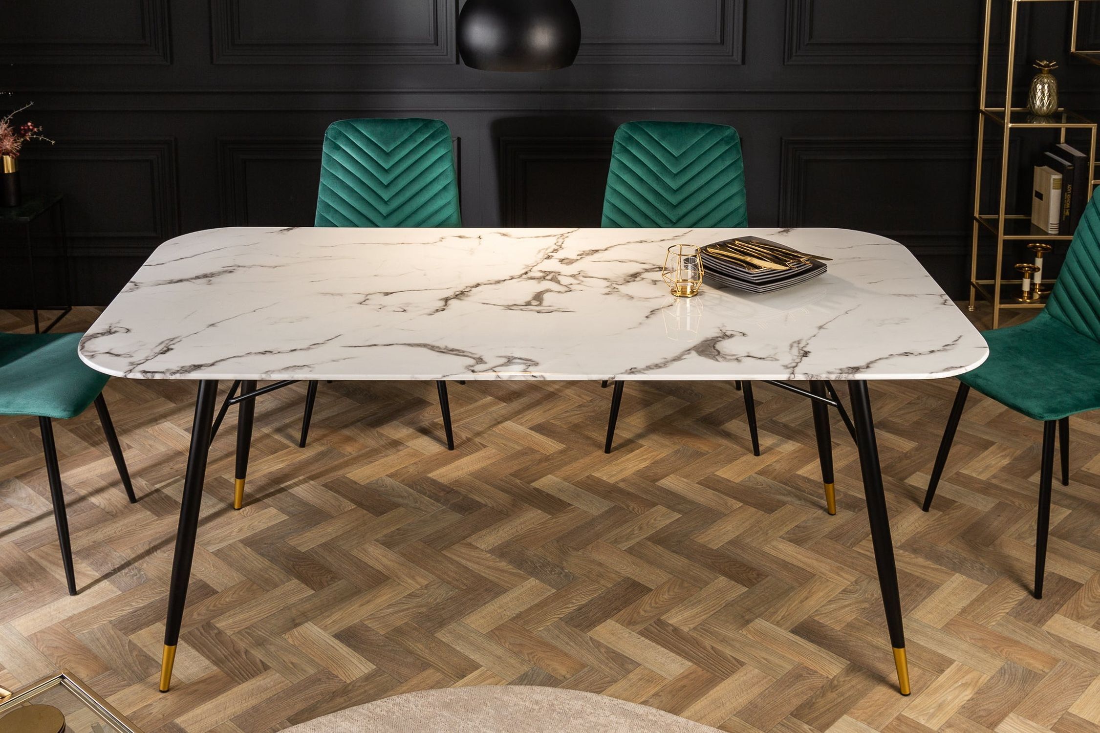 Esstisch Hartglas Metall in Weiß Schwarz Gold 180x90 cm