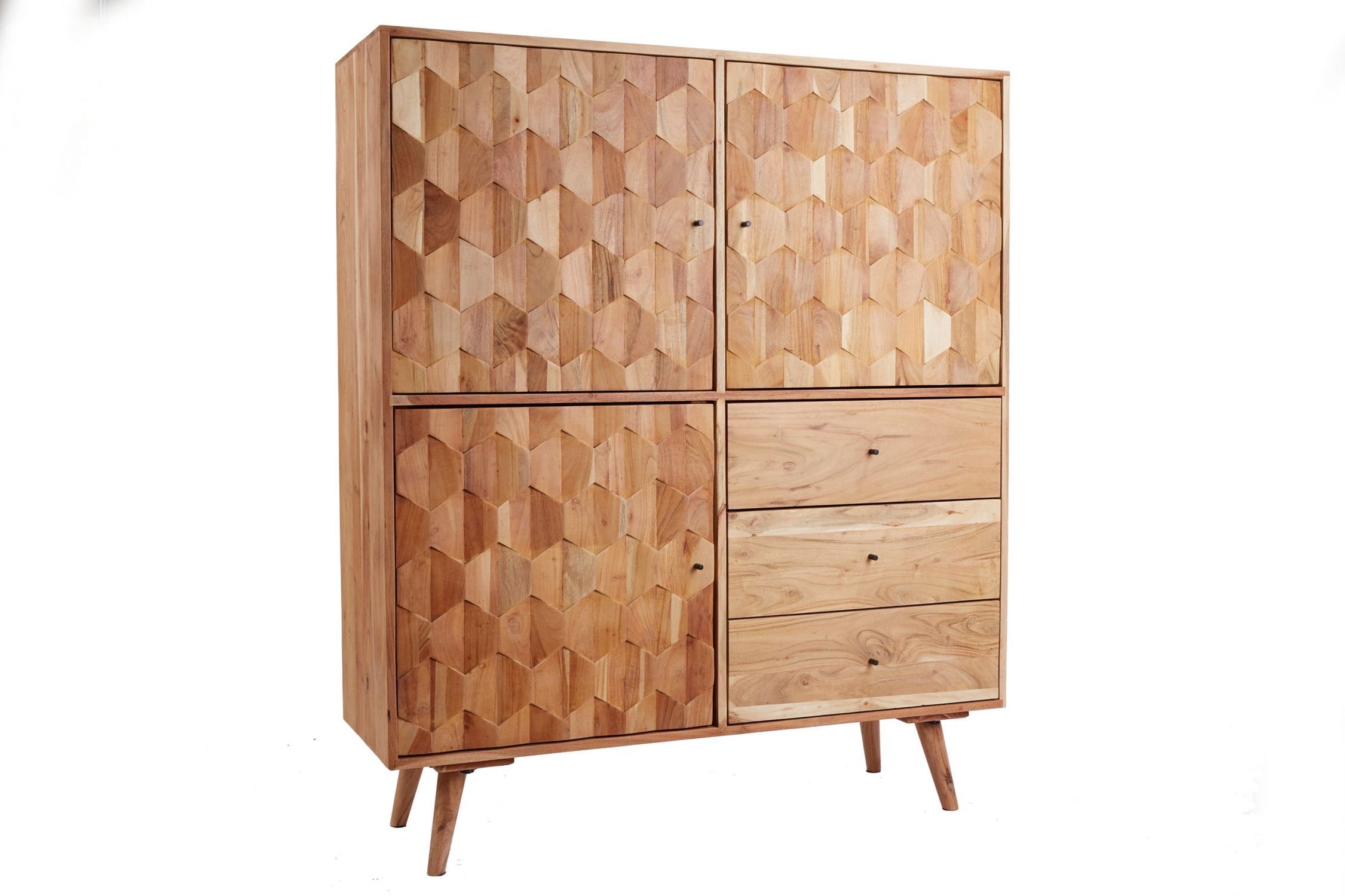 Highboard Holz Akazie 118 x 140 cm 3D-Front Schubladen Türen