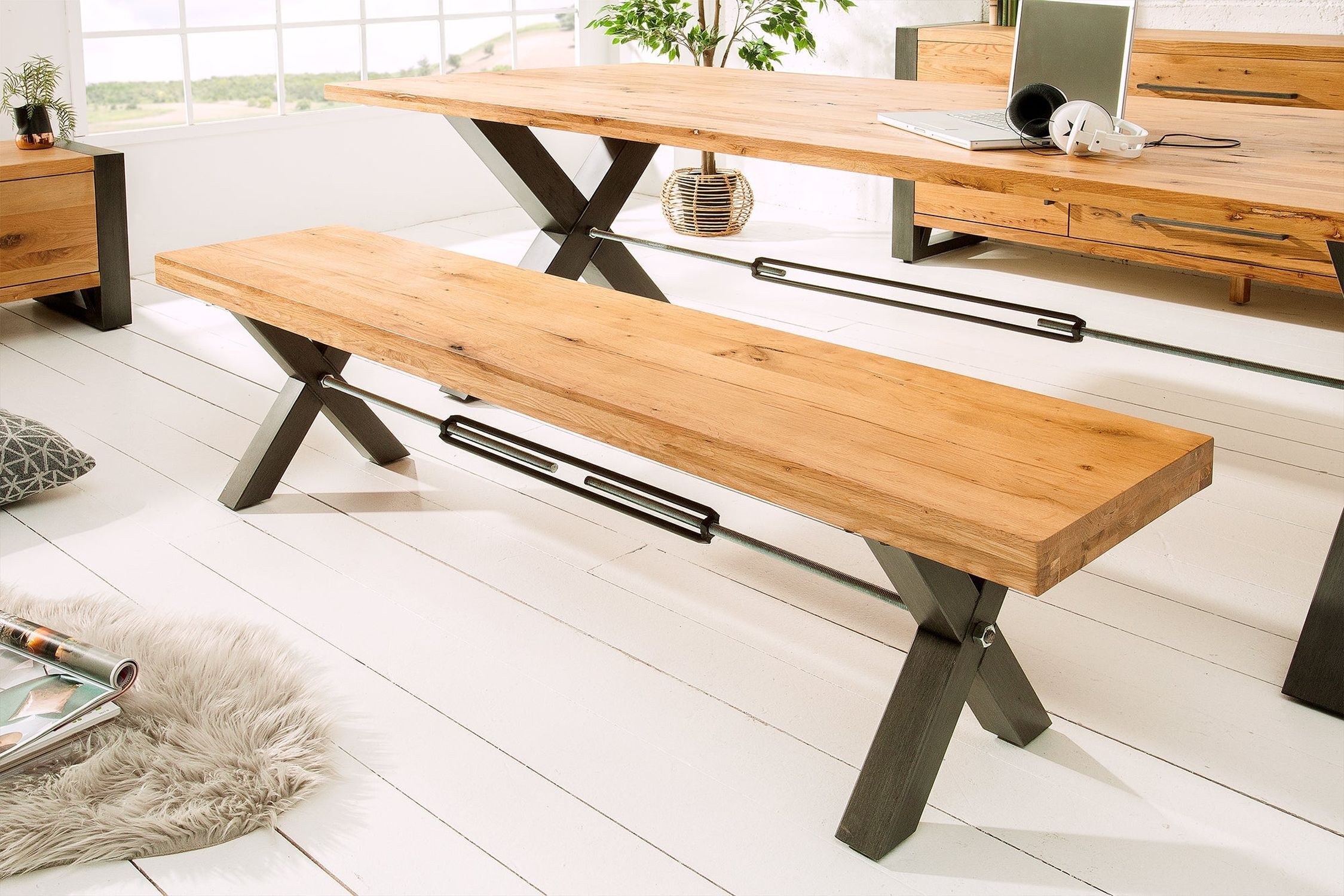 Sitzbank Holz (Wildeiche) Metall 180 x 40 cm