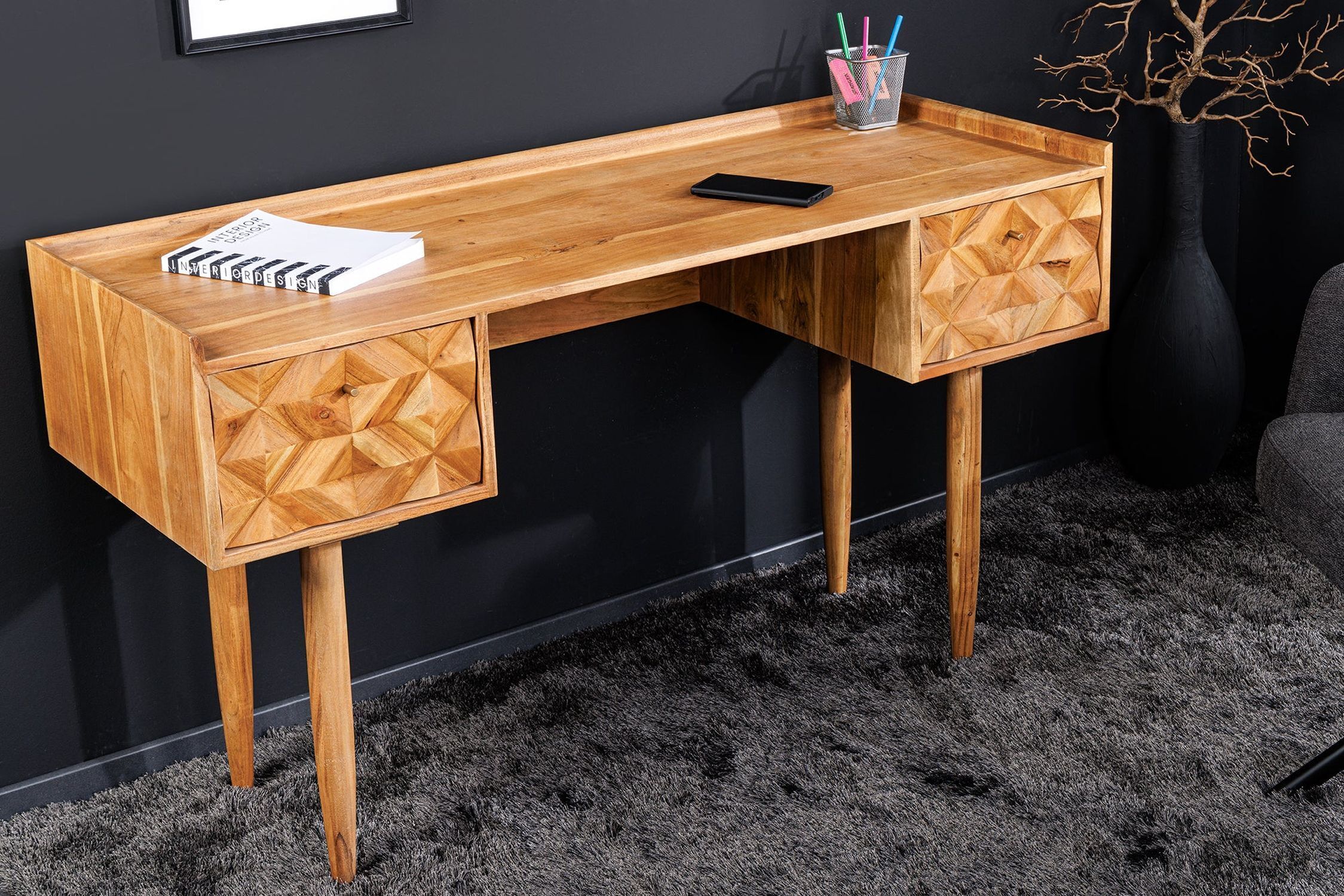 Schreibtisch mit Schublade Sheesham Holz Metall 132x50 cm