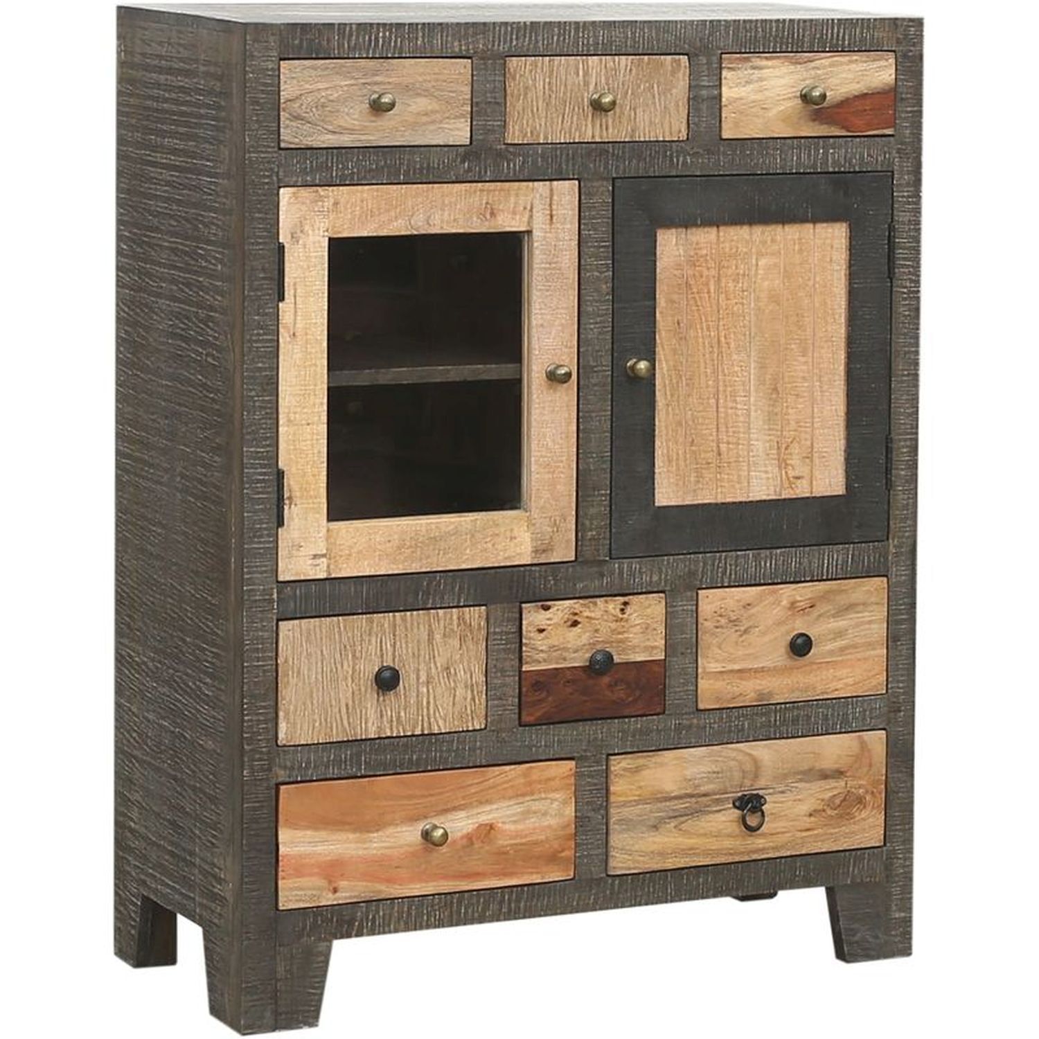 Sideboard Holz Glas 118 cm hoch Grau Natur Schwarz