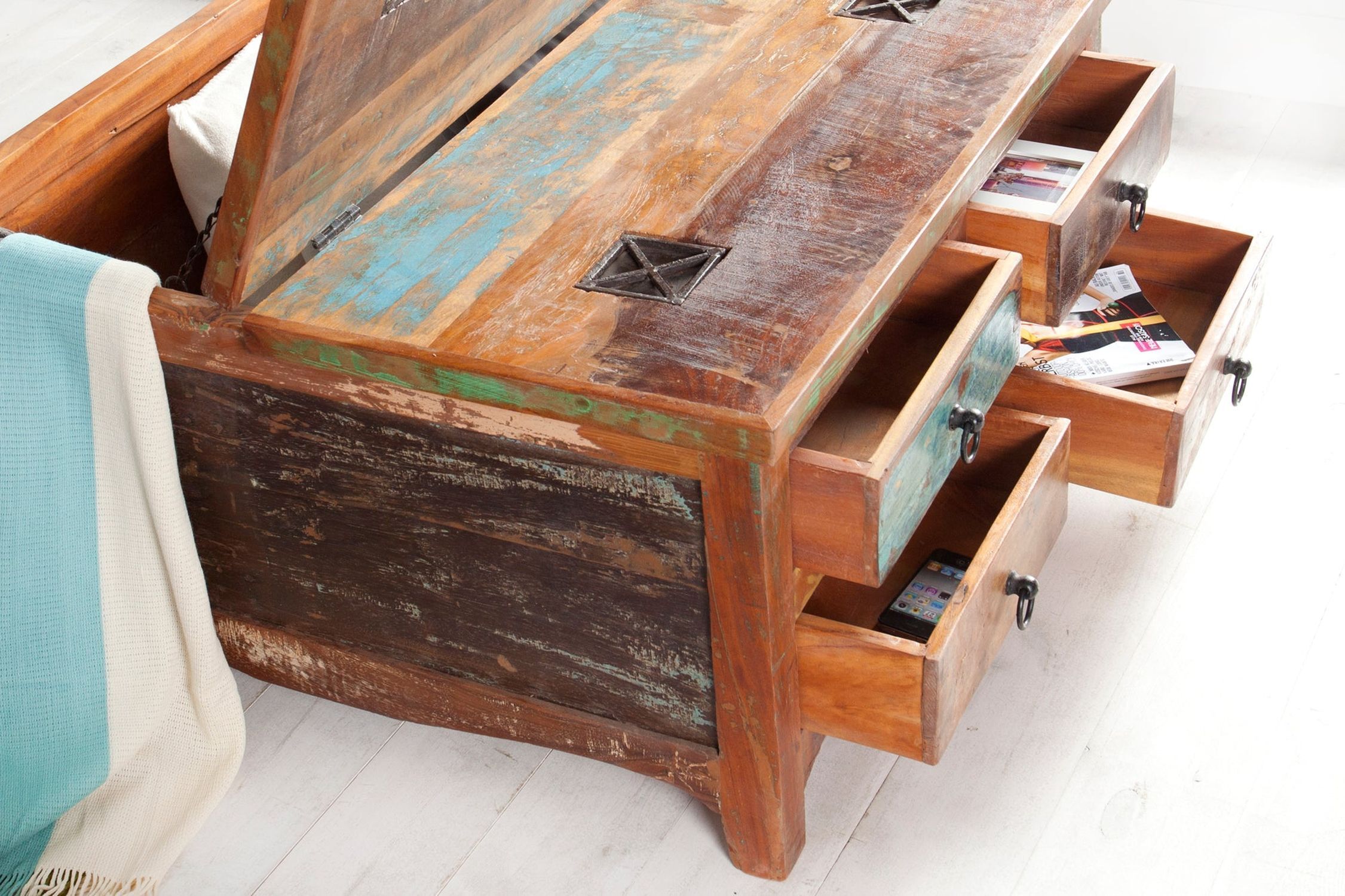 Couchtisch mit Schublade recyceltem Holz Bunt Braun 70x70 cm