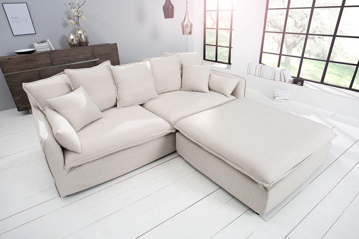 Hocker Strukturstoff Tonnentaschenfedern 100x31,8 cm in Natur