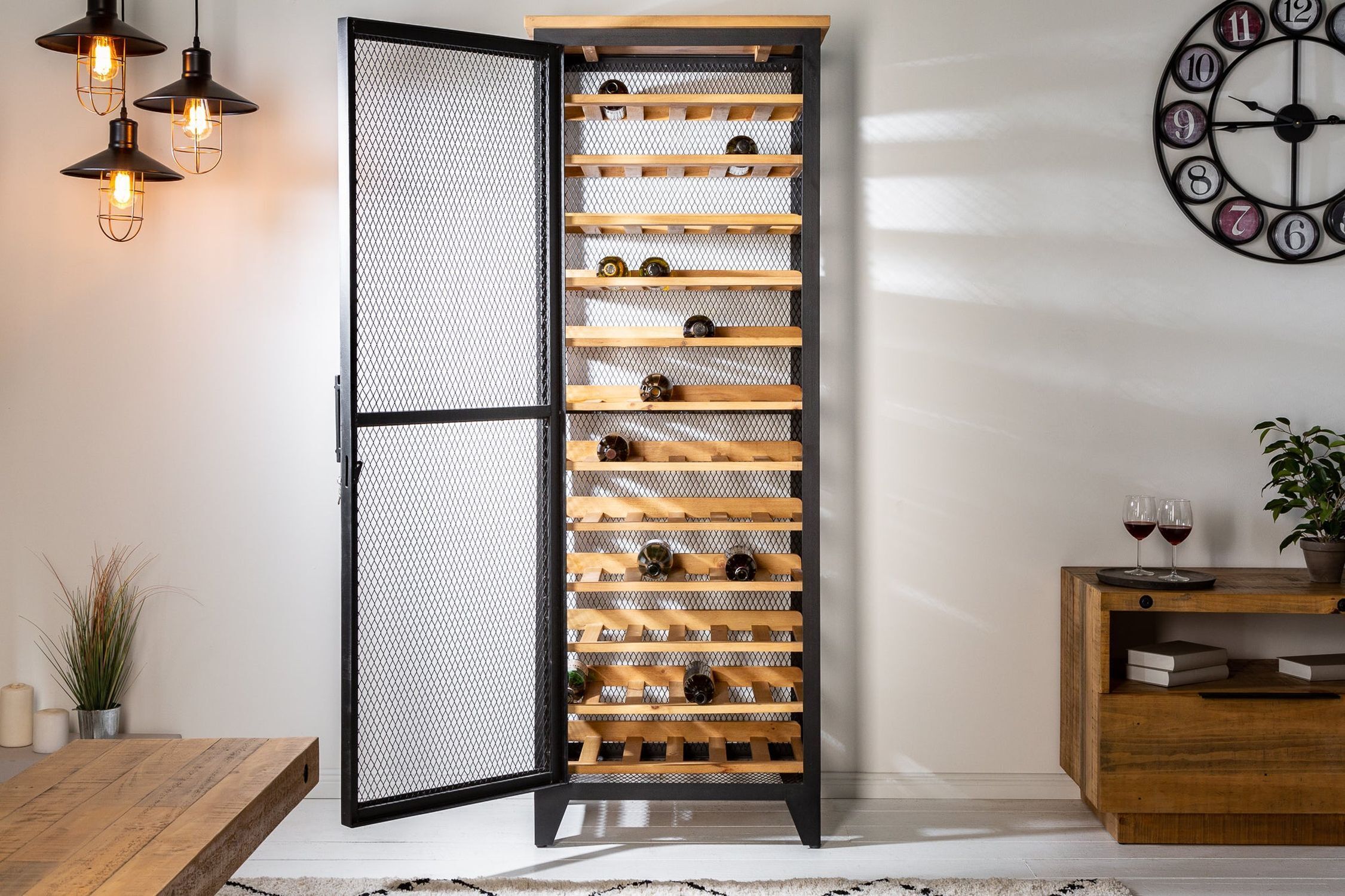 XXL Weinschrank 184cm für 72 Flaschen mit Schloss Eisen Holz