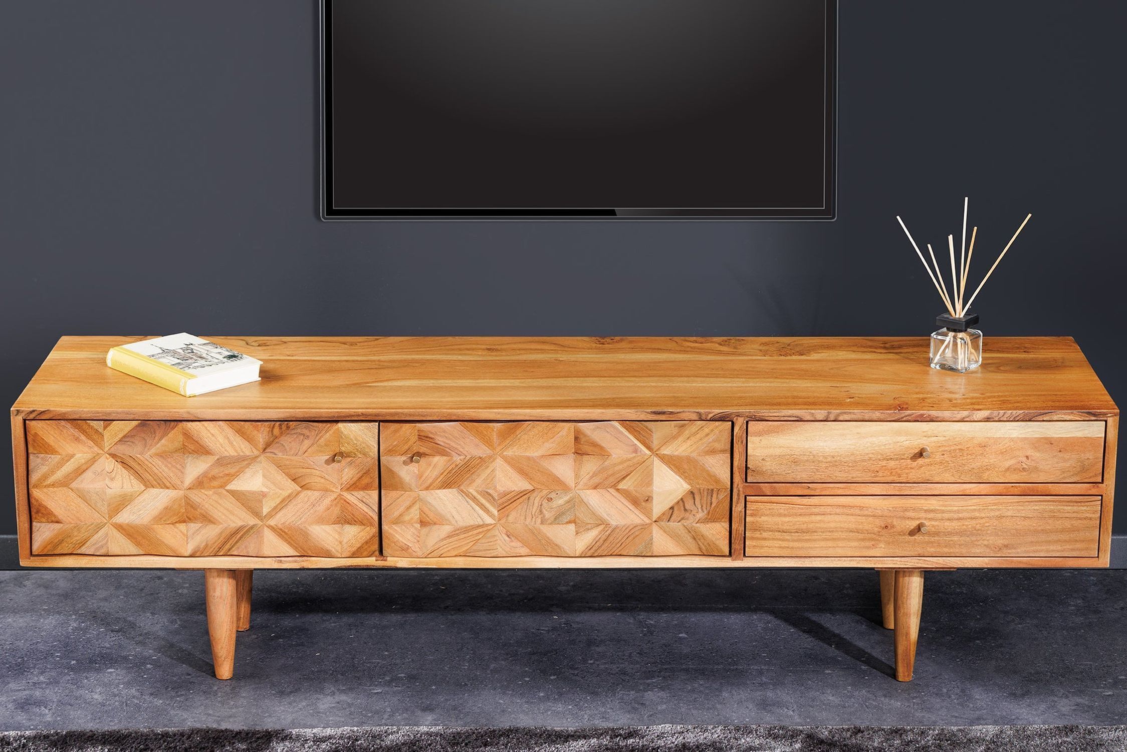 Fernsehschrank Holz 145 cm Handarbeit 2 Schubladen Türen
