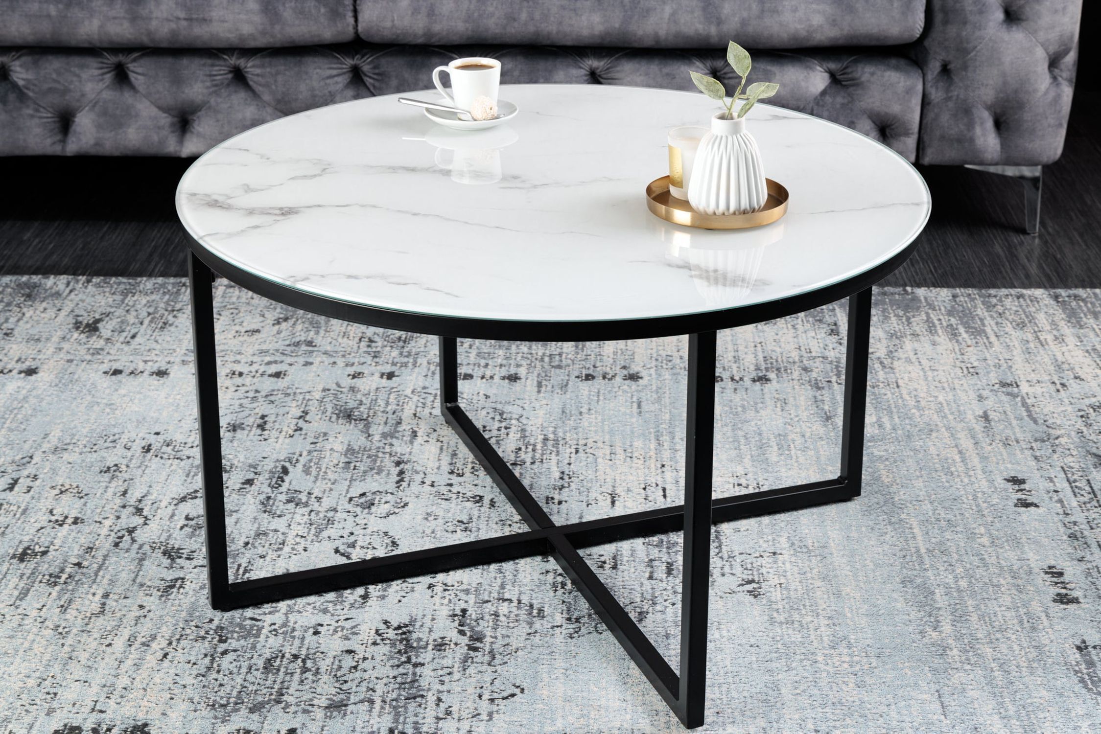 Couchtisch Hartglas Metall in Weiß Schwarz 80x80 cm