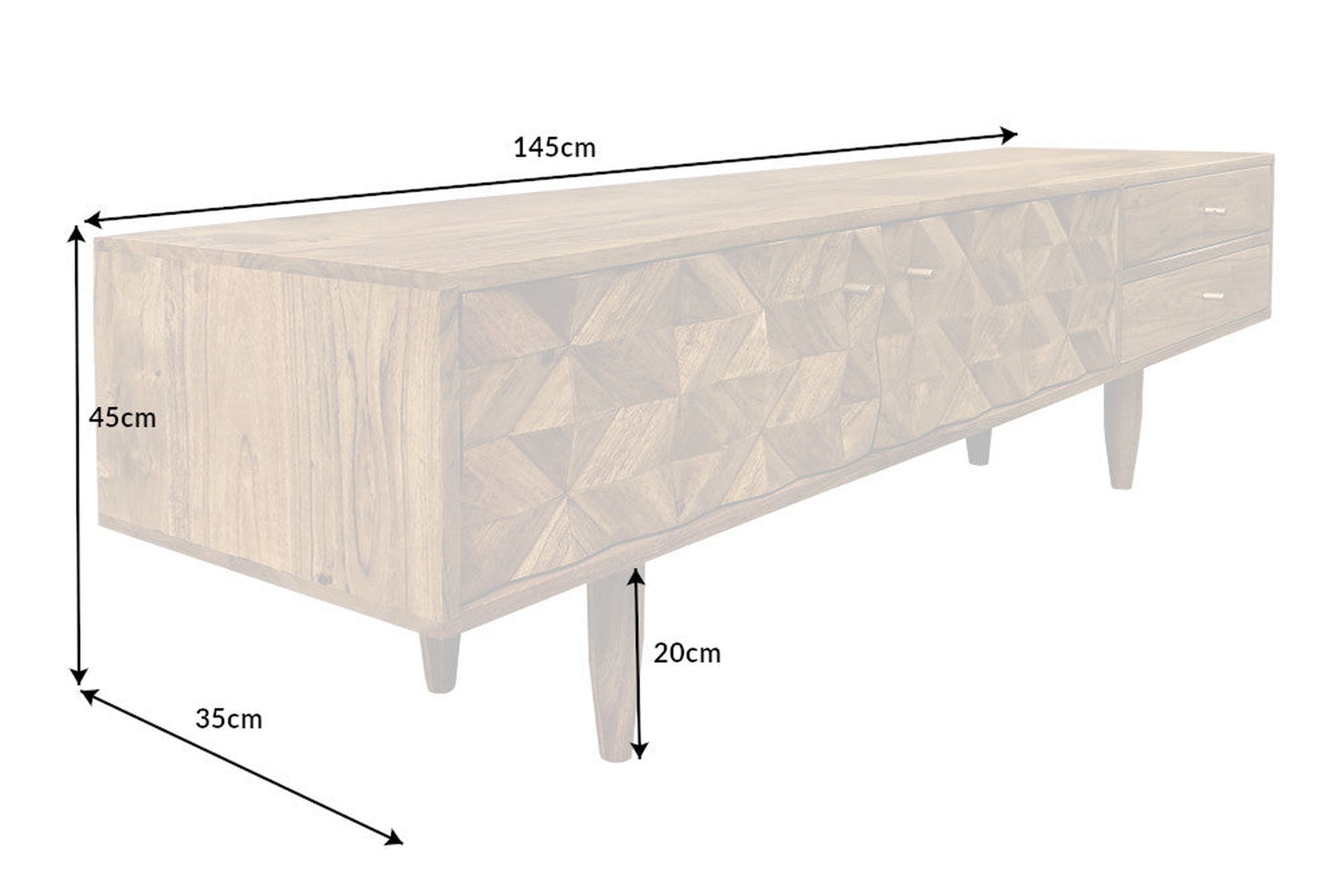 Fernsehschrank Holz 145 cm Handarbeit 2 Schubladen Türen