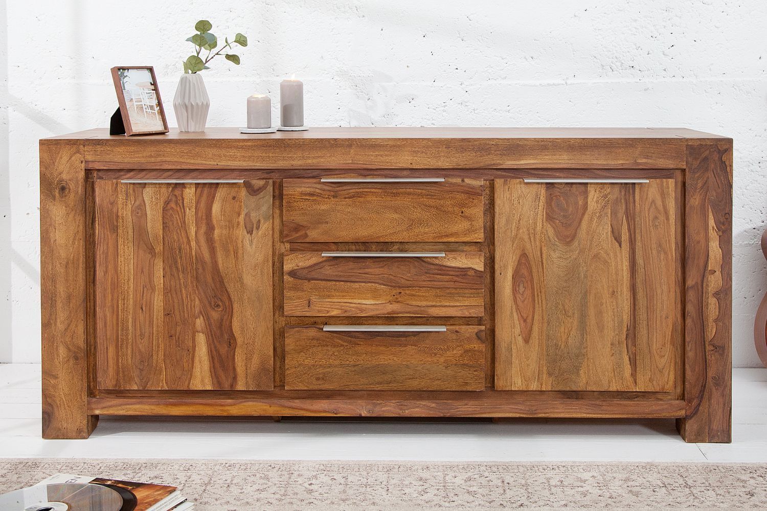 Sideboard Sheesham Holz Aluminium 40 cm in Natur Silber