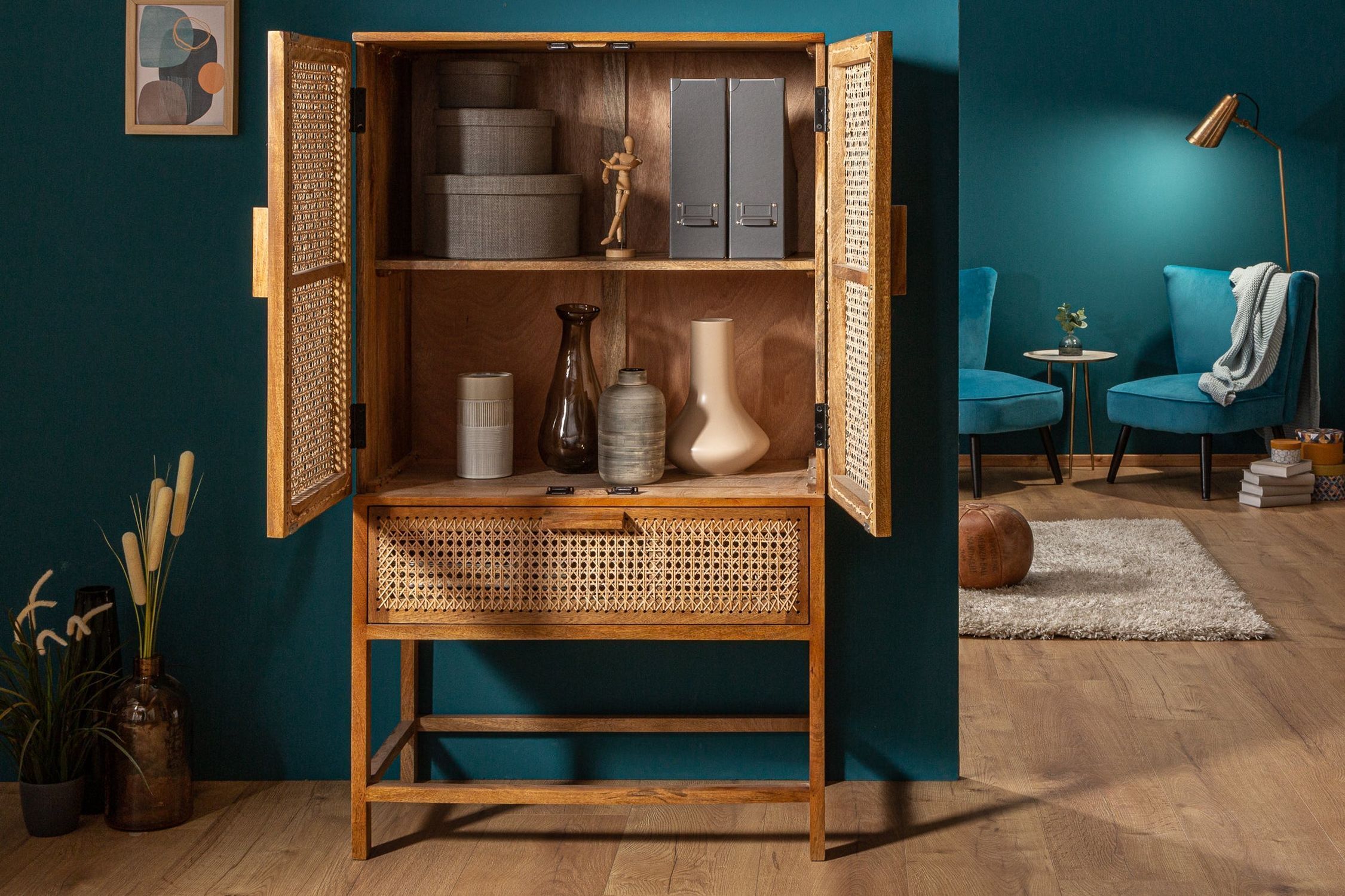 Highboard Bambus Mangoholz H: 140 cm Wiener Geflecht Boho