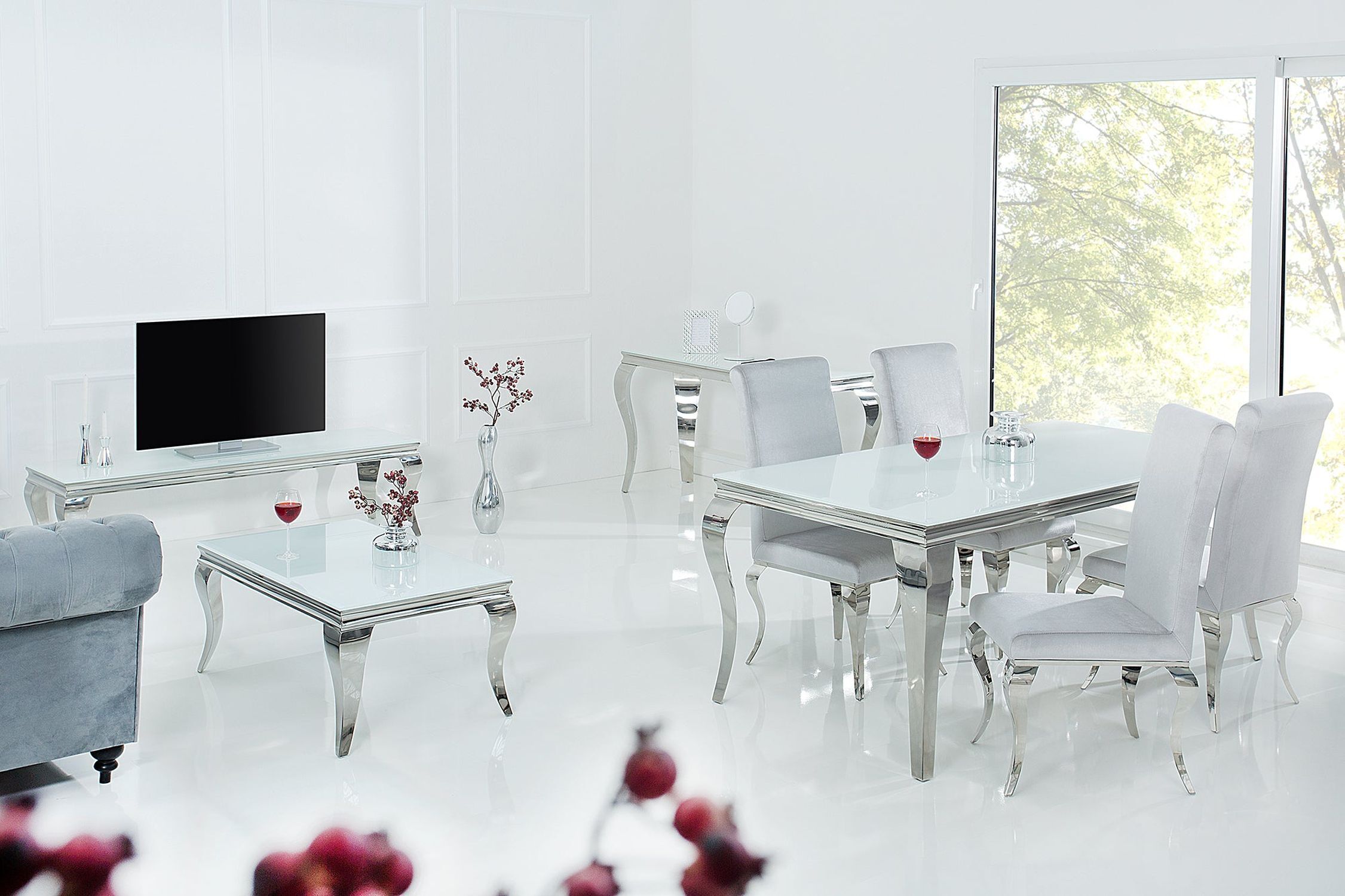 Konsolentisch Keramik Hartglas Metall in Weiß Silber 140cm