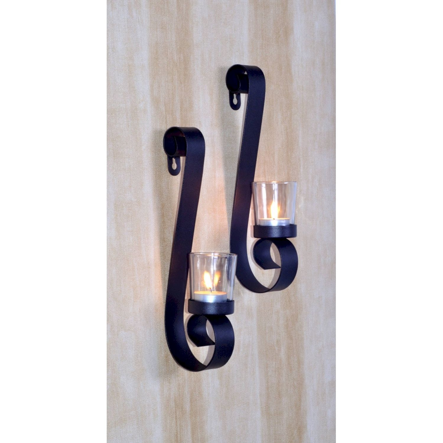 Kerzenhalter Wand 2er Set Rustikal Schwarz H: 28cm Stahl Glas