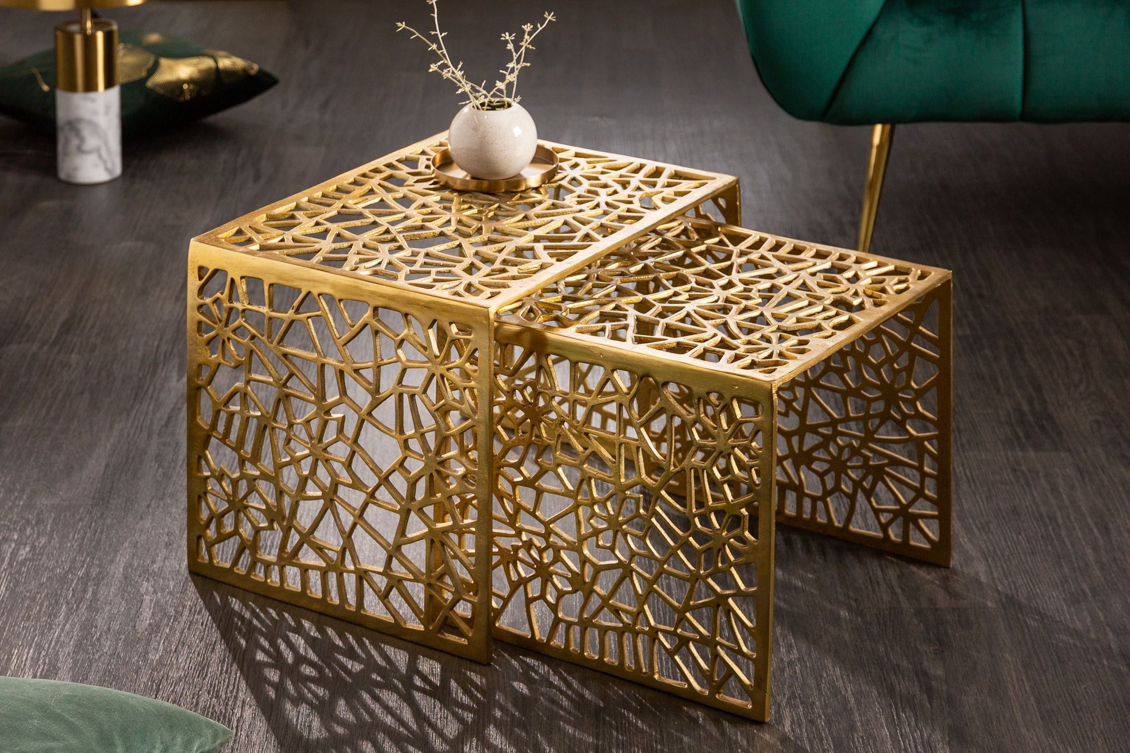 Couchtisch 2er Set Metall in Gold eckig Handarbeit