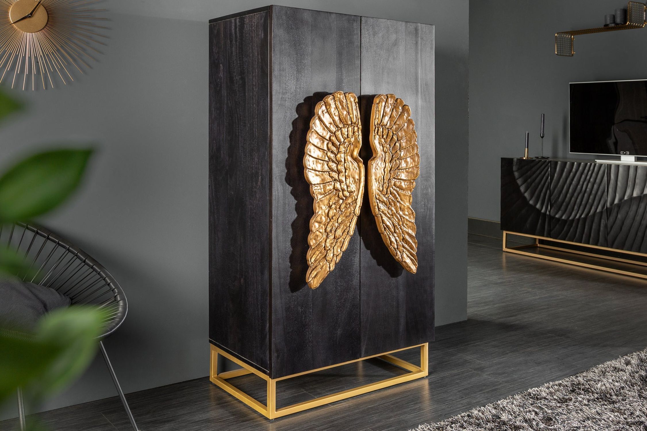 Highboard Schwarz Gold 70 x 140 cm Mangoholz Metall dekorativ