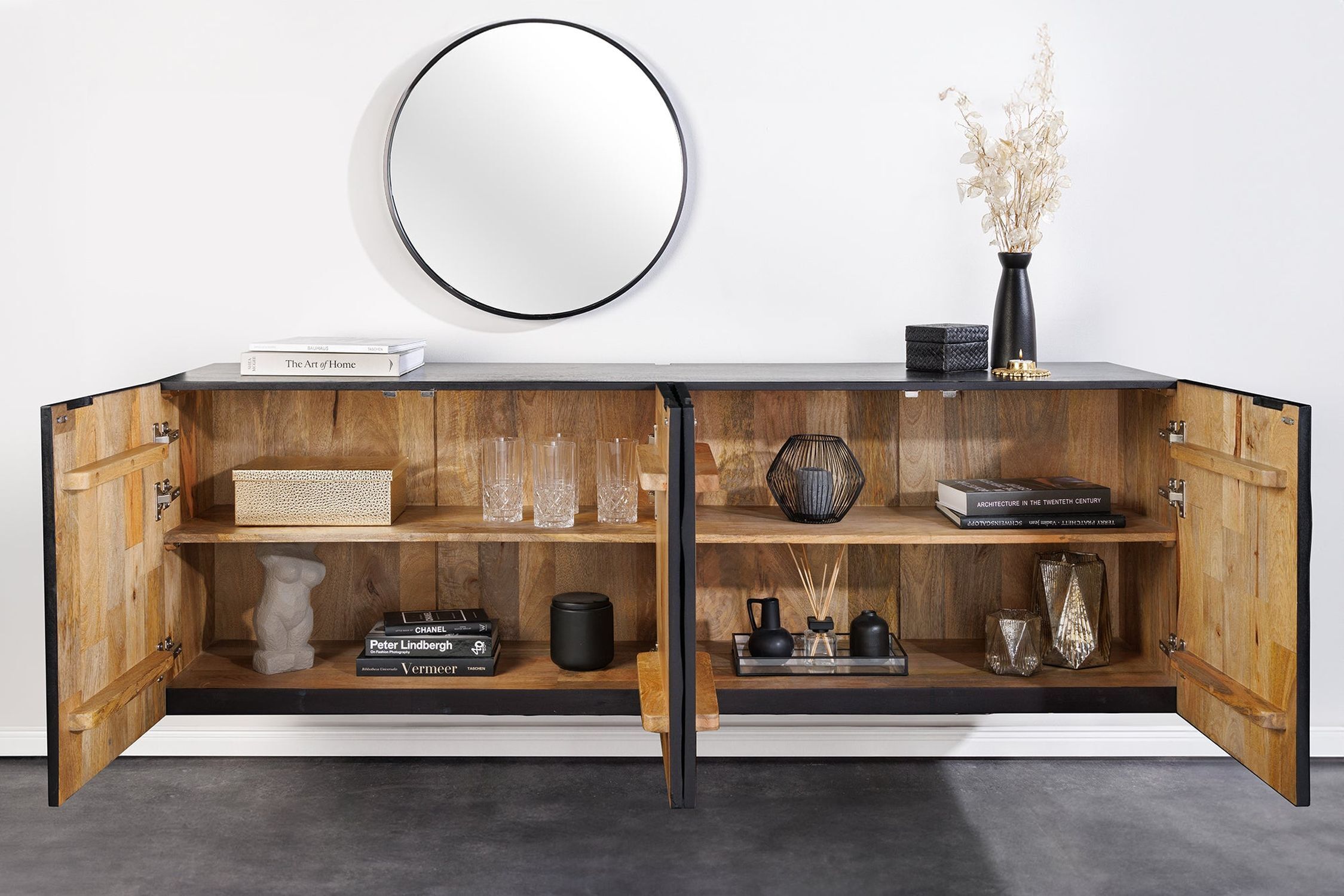 Hängesideboard Schwarz Holz 177 cm breit Handarbeit 3D-Motiv