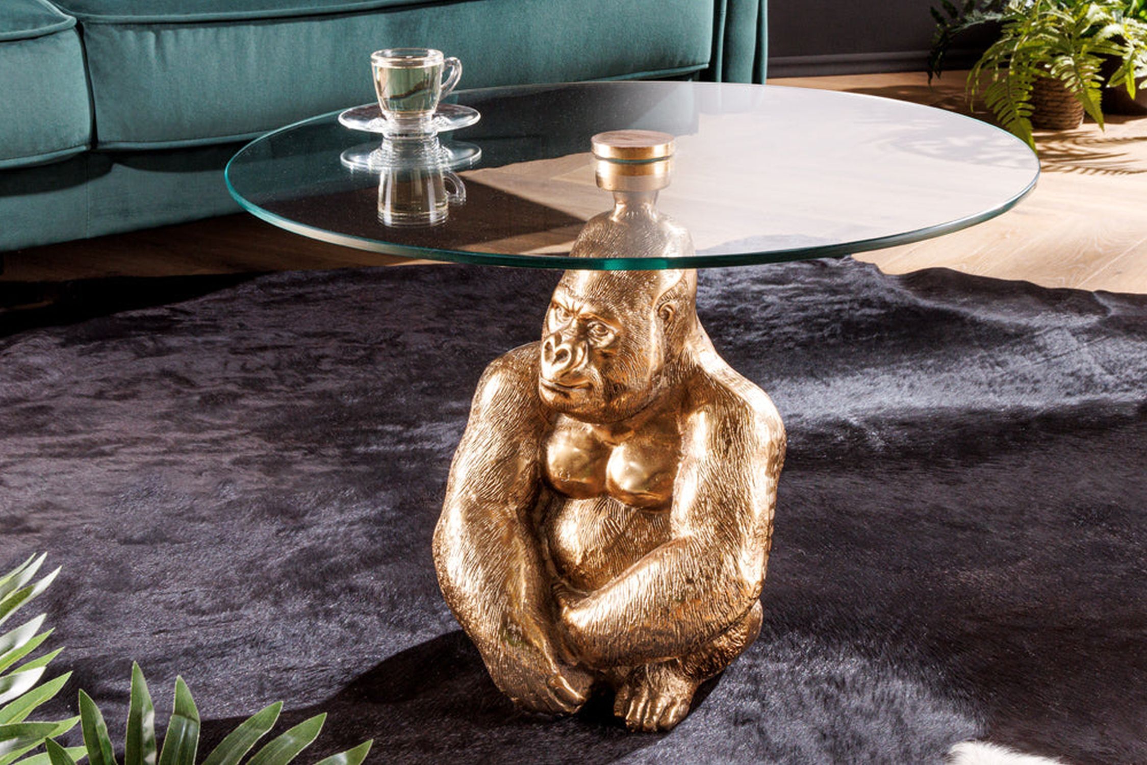 Couchtisch Hartglas Metall in Gold 60x60 cm Handarbeit