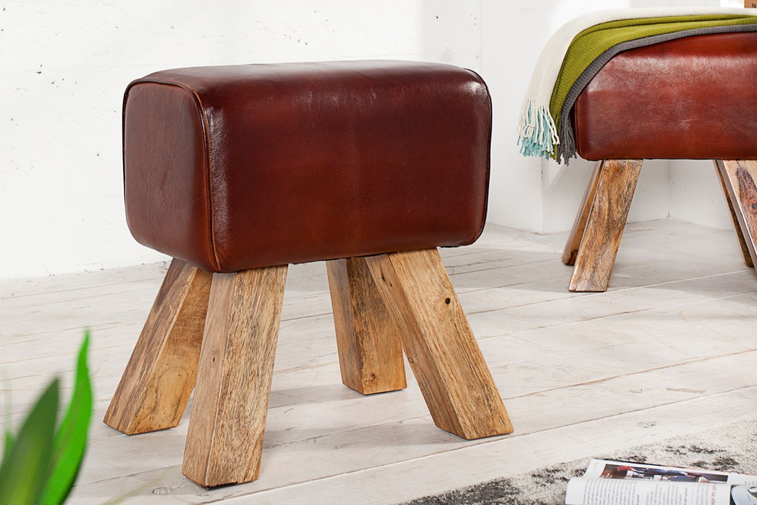 Hocker Echtleder Massivholz 134 cm in Kaffeebraun Natur