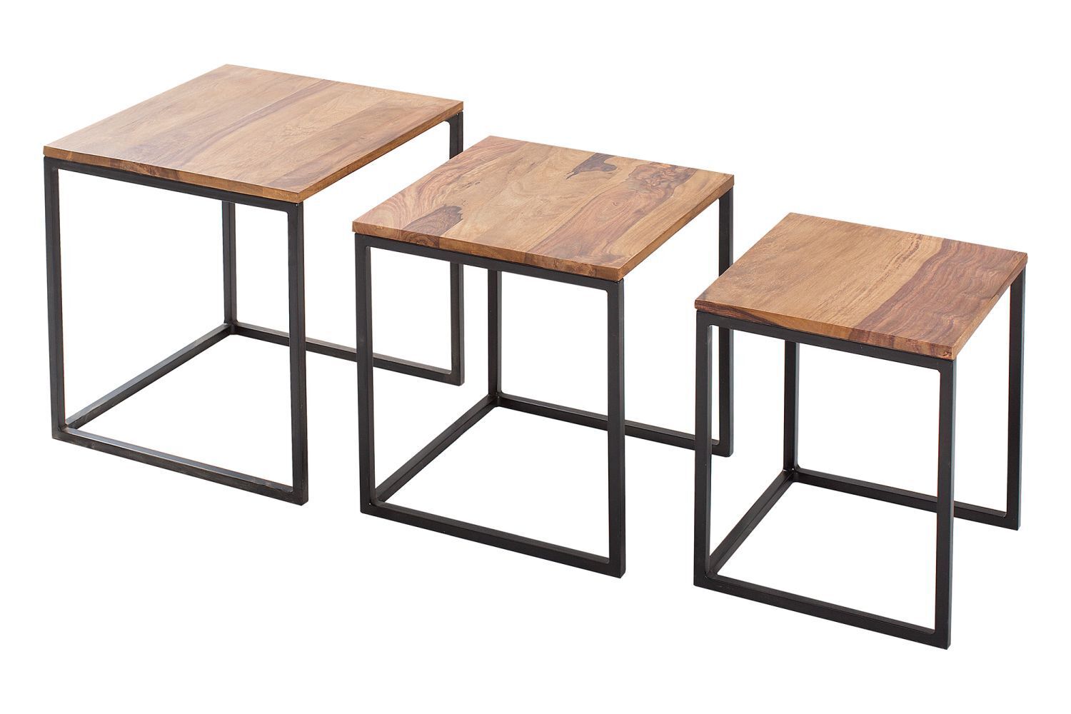 Beistelltisch Sheesham Holz Metall 3er Set in Natur Schwarz