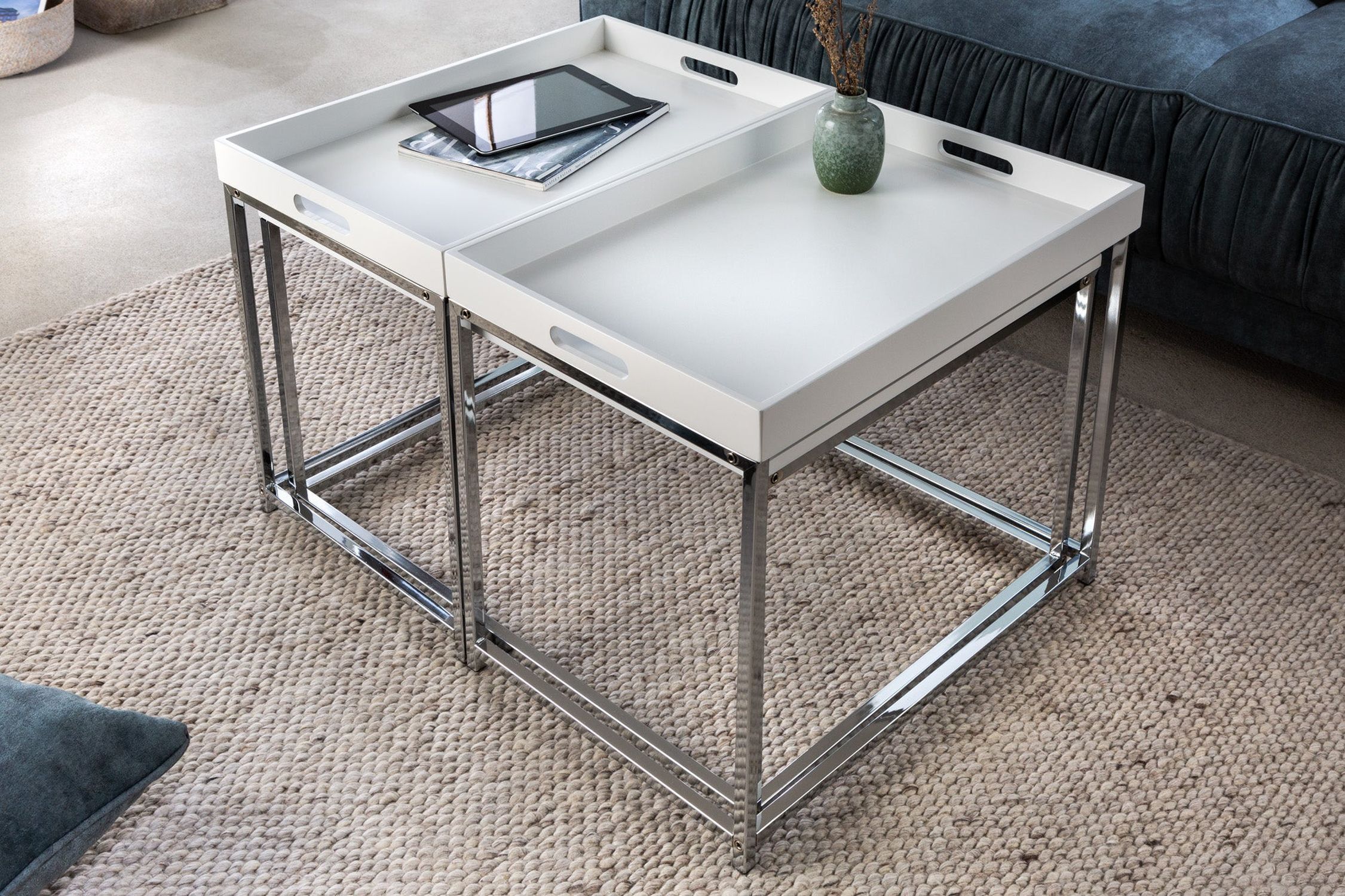 Couchtisch 2er Set MDF Metall in Weiß Chrom mit Tabletts