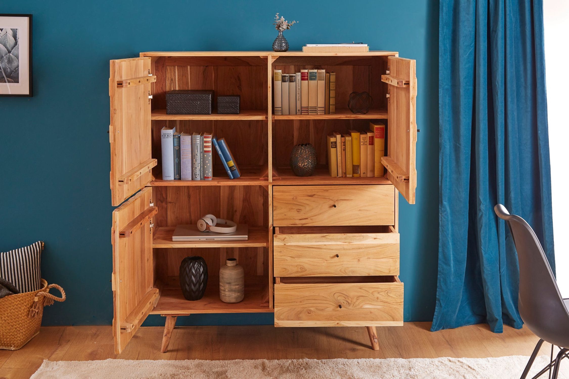 Highboard Holz Akazie 118 x 140 cm 3D-Front Schubladen Türen