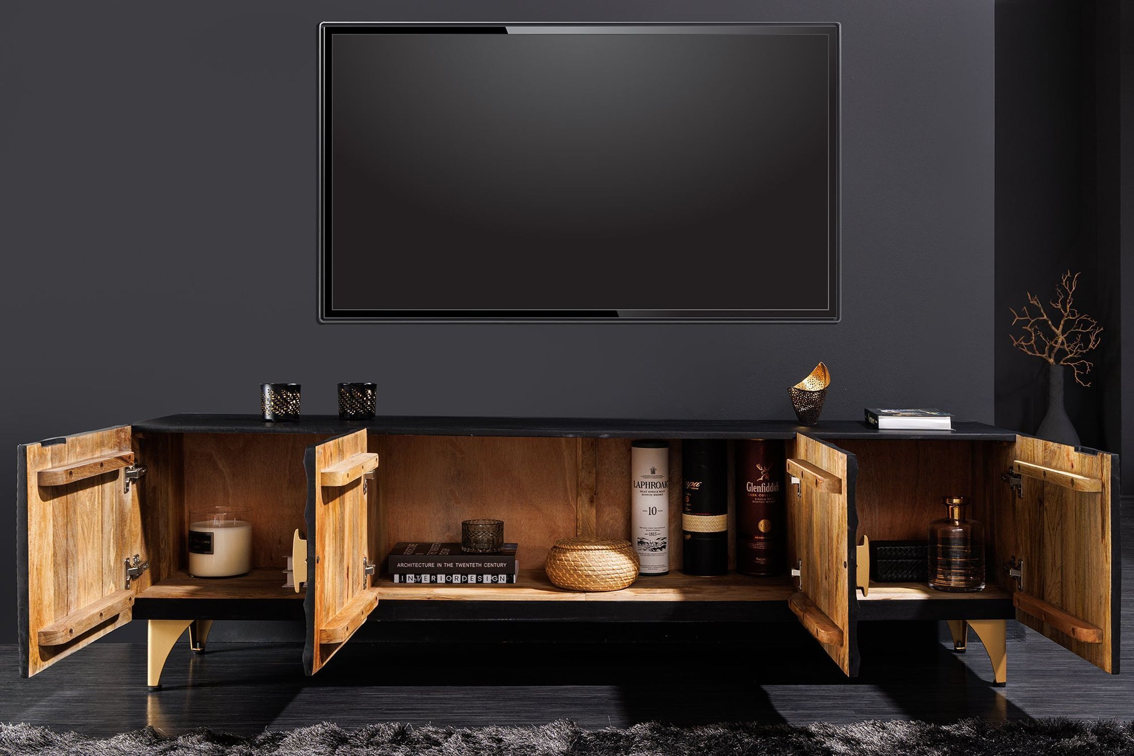 TV Board 180 cm breit Schwarz Gold Handarbeit Holz Metall