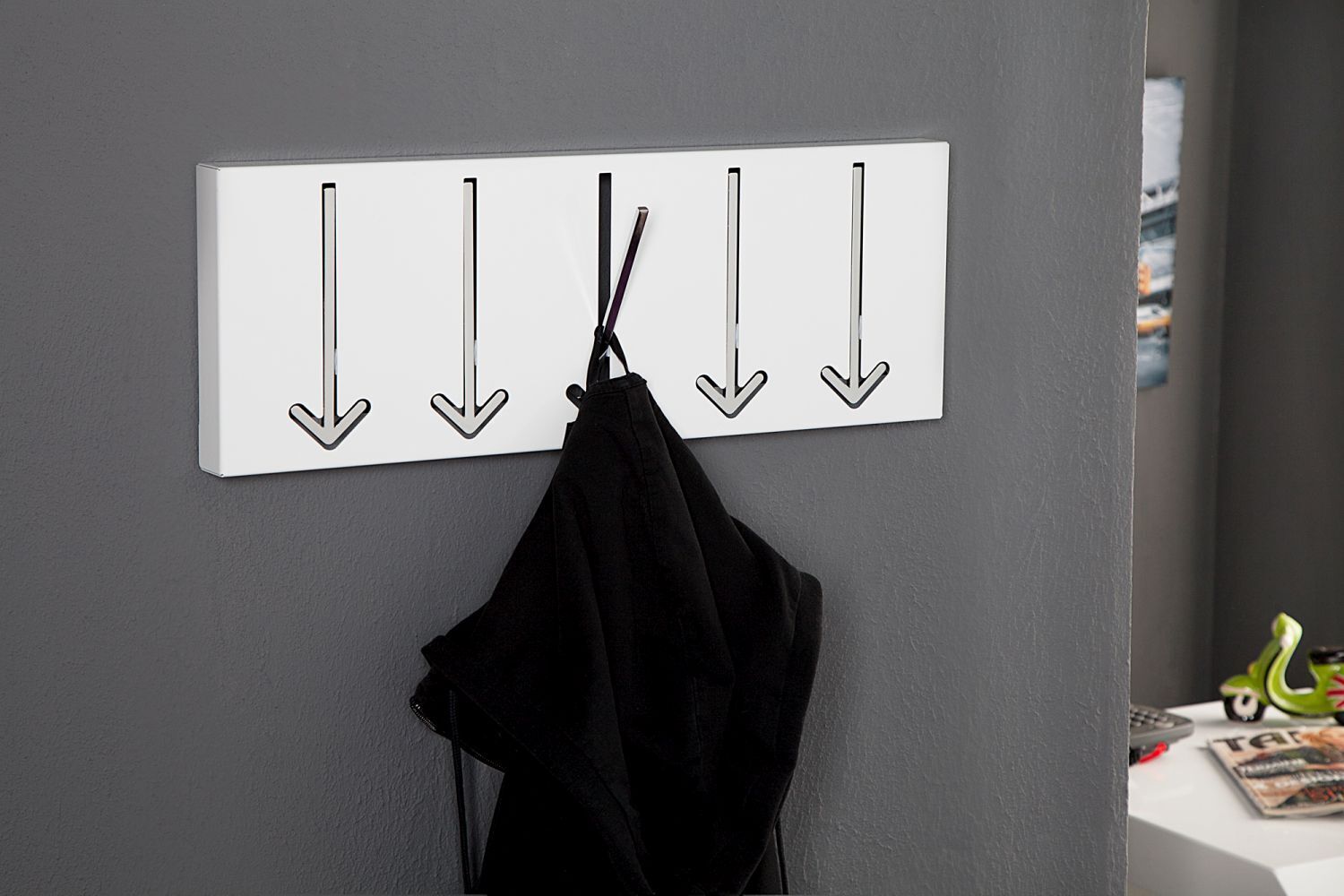 Wandgarderobe Metall 45 cm in Weiß mit 5 Haken