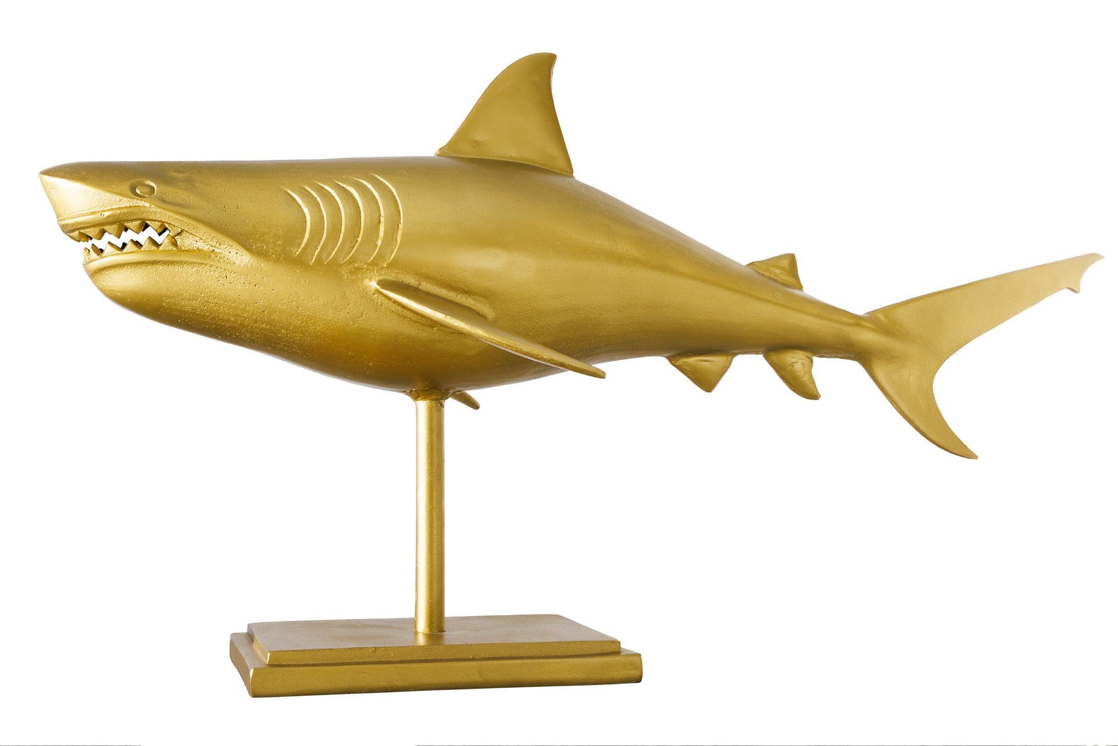 Dekostatue Metall Hai Fisch in Gold 103 cm lang Handarbeit