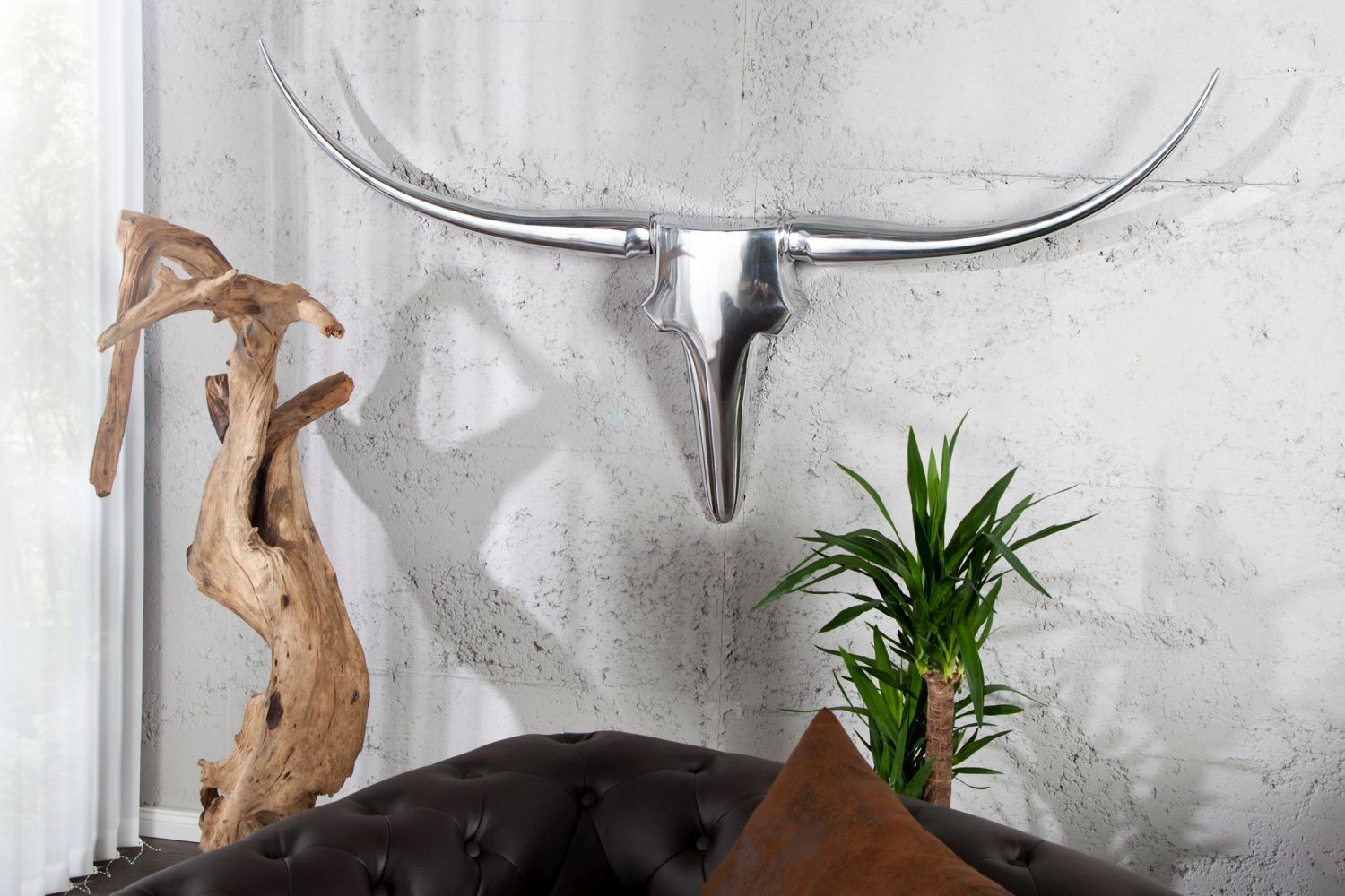 Wandskulptur Stierkopf 100 cm in Silber