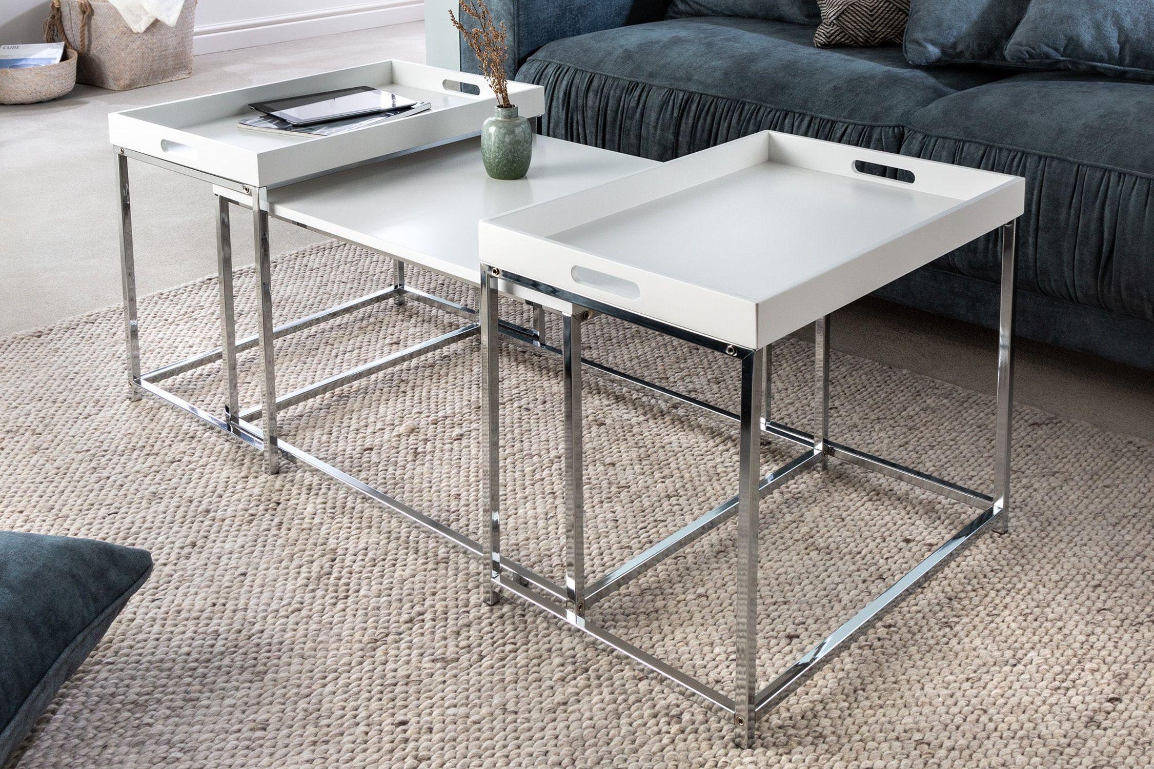 Couchtisch 2er Set MDF Metall in Weiß Chrom mit Tabletts