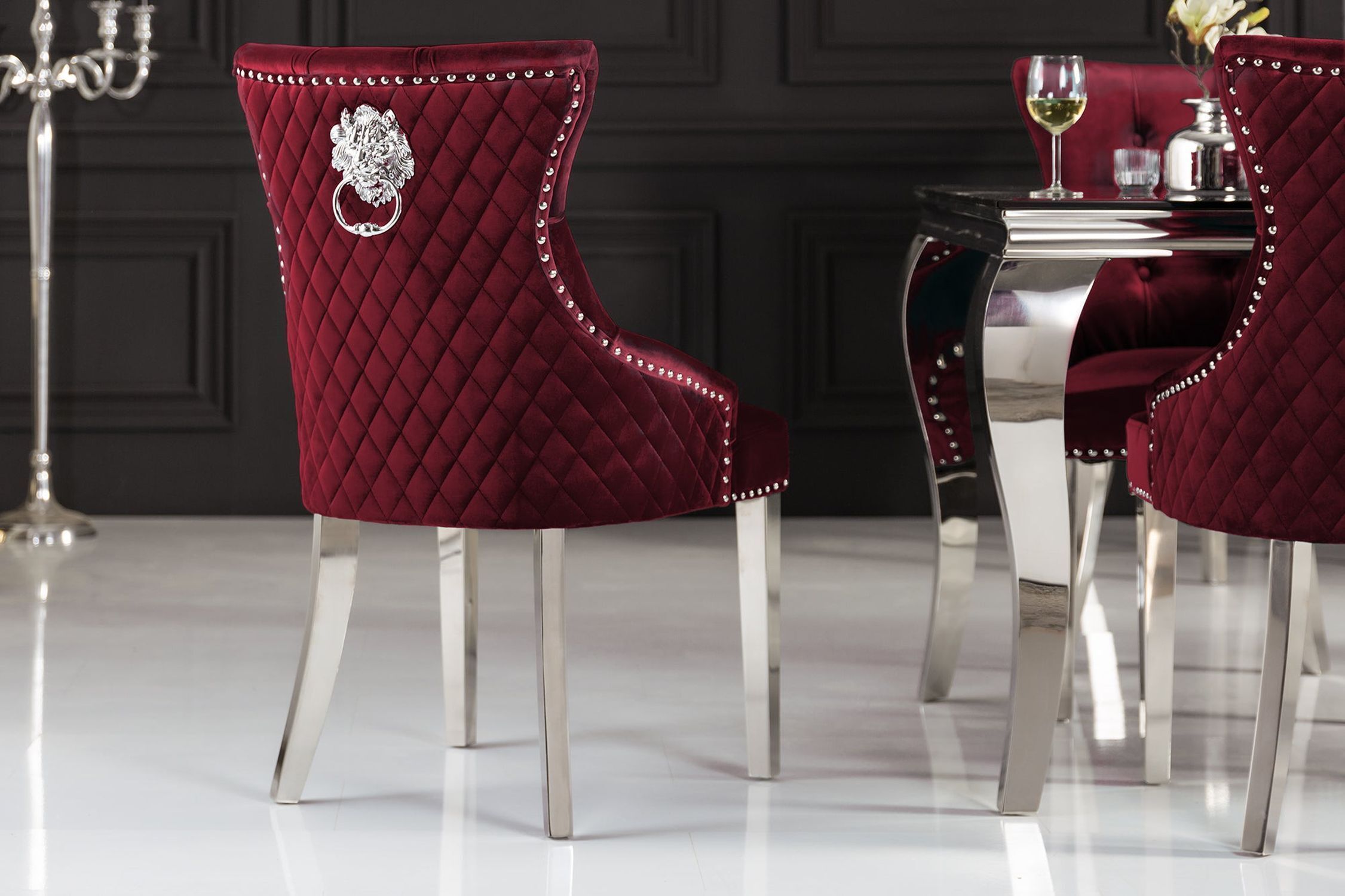 Esszimmerstuhl Rot Silber mit Griff Samt Edelstahl Chesterfield