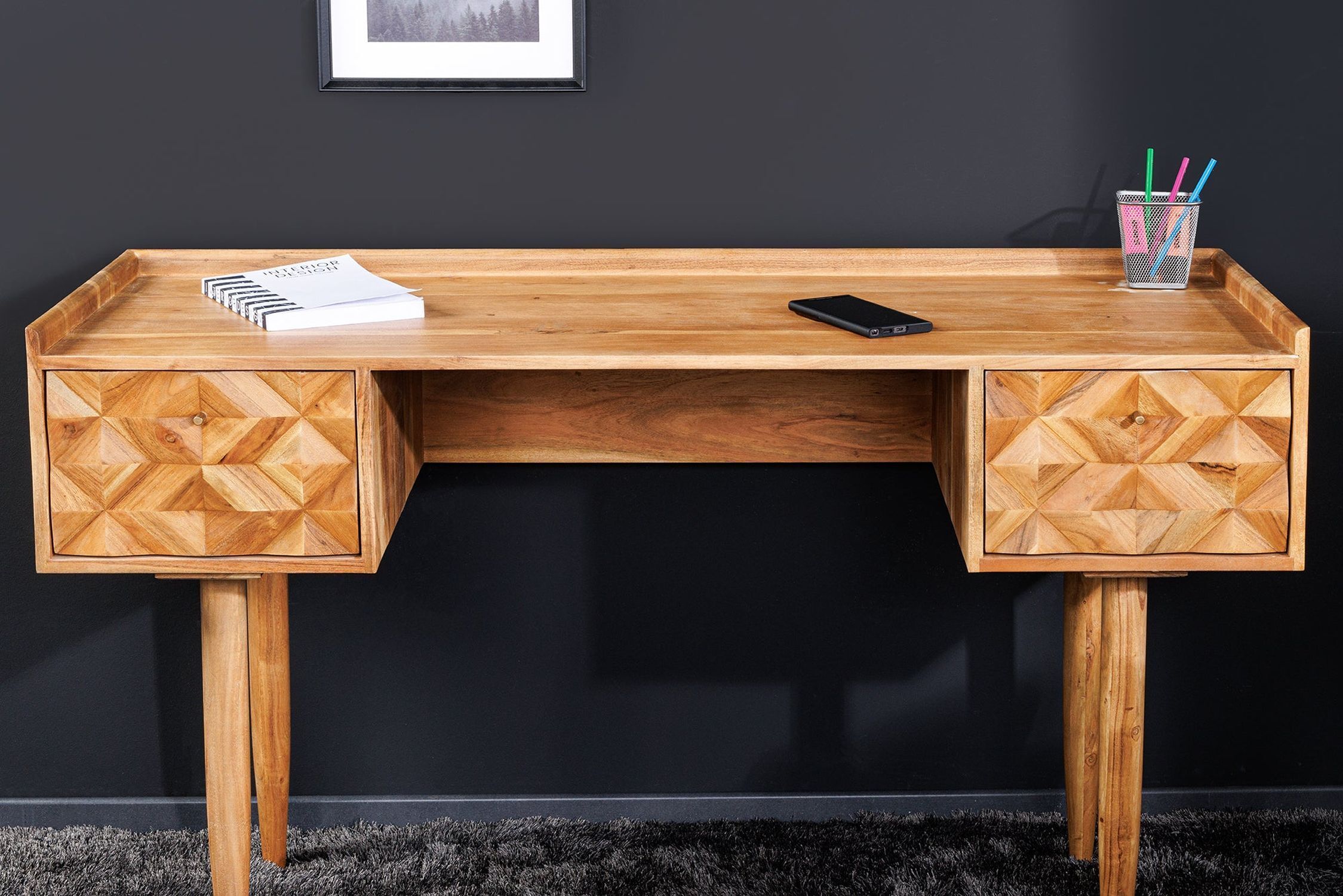 Schreibtisch mit Schublade Sheesham Holz Metall 132x50 cm