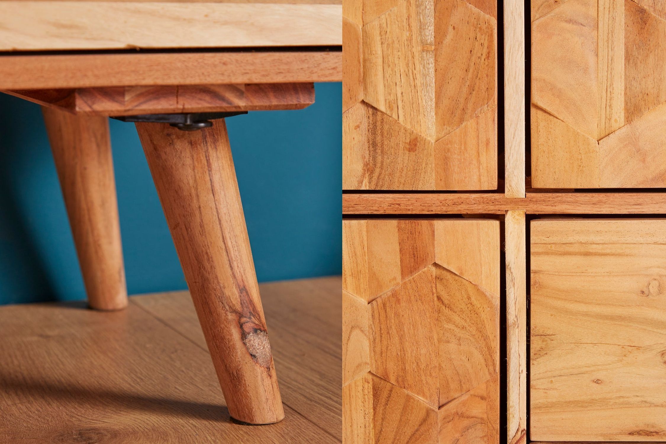 Highboard Holz Akazie 118 x 140 cm 3D-Front Schubladen Türen