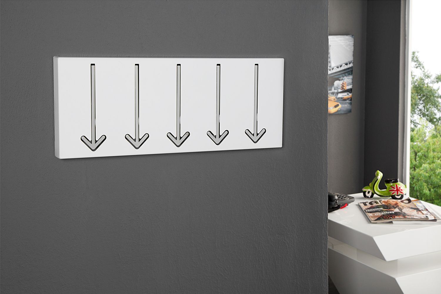 Wandgarderobe Metall 45 cm in Weiß mit 5 Haken