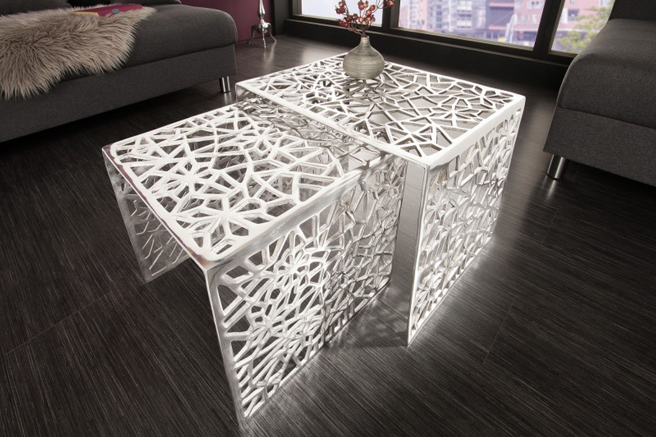 Couchtisch Metall 2er Set in Silber Handarbeit